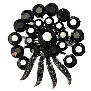 Vintage Black Rhinestone Brooch 1950s